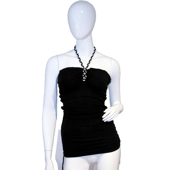 GUESS JEANS Black TOP Braided HALTER Tie REMOVABLE Pads RIBBED Ruched Sides M - Picture 1 of 1